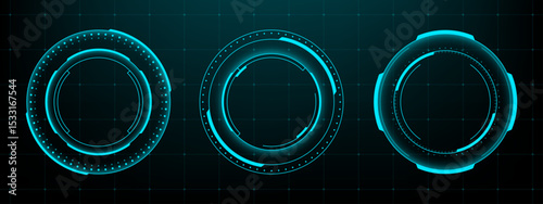 Three blue futuristic hud vector graphic circles on a grid background. Tech interface display for data visualization.