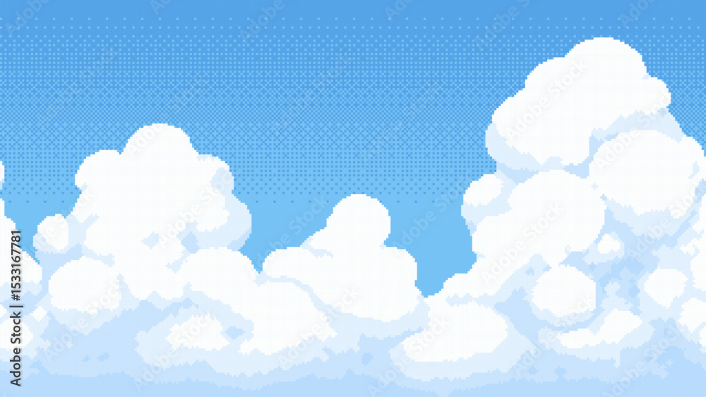 Pixel art cloud and sky background with blue color for game level. Game environment element in old retro style. Vector graphics.