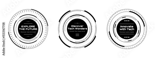 Three hud vector graphic circles with text, explore future, discover tech wonders, innovate with tech concepts.