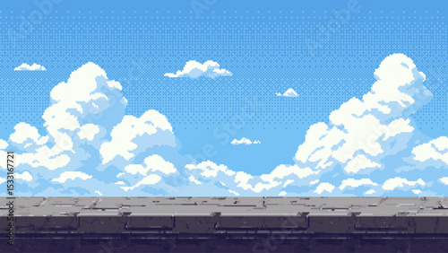 Pixel art game level with a blue sky and white clouds, a flat stone platform, empty background for digital design and gaming. Vector graphics.
