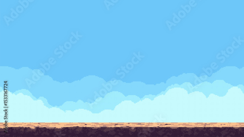 Pixel art game level vector banner with blue sky, clouds, and brown ground. Retro 8 bit style digital background.
