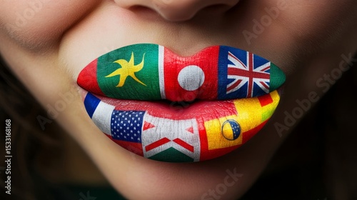 Global Language: A vibrant and surreal composition showcases a pair of lips painted with flags of different nations, symbolizing the beauty and interconnectedness of languages and cultures worldwide.