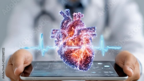 Doctor holds tablet with digital human heart hologram and ECG line. Medical technology and cardiological analysis footage.