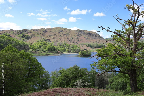 View of Rydal Water surrounded by green hills and trees under a partly cloudy sky in the Lake District, England, UK. photo