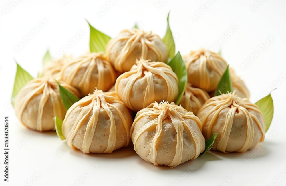 Obraz premium Ketupat rice dumplings with green leaves, white background. Traditional Southeast Asian cuisine. Rice cooked in woven palm leaf pouches. Food for celebrations like Eid. Popular Malaysian, Indonesian