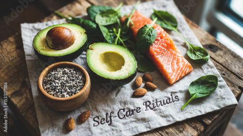 Healthy ingredients supporting cycle balance: avocado halves, greens, salmon, seeds, nuts. Concept of natural care, women’s wellness, energy