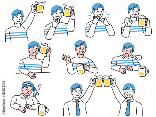 乾杯、お酒、ビールを飲むイラスト(飲み会、歓迎会、リフレッシュ、ストレス、泥酔)