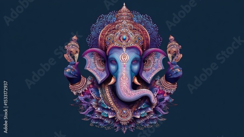 Intricately designed illustration of a blue-skinned deity with an elephant head, adorned with a crown and jewels on a dark blue backdrop.
