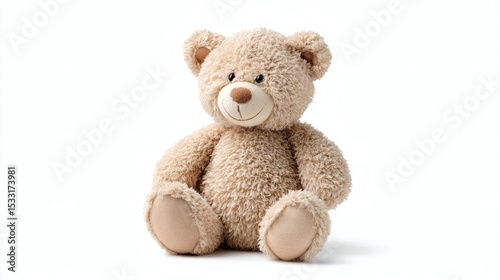 A fluffy tan teddy bear sits upright against a white background, its friendly smile conveying warmth and comfort, like a loyal companion.