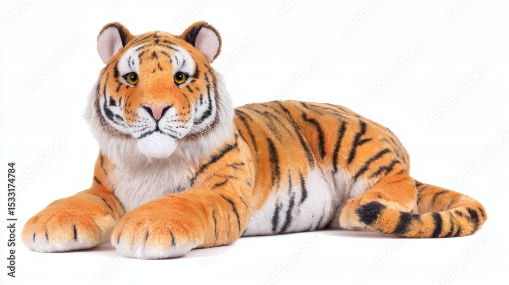 Obraz premium Captivating plush tiger laying peacefully on a stark white backdrop, showcasing its majestic orange and black stripes, radiating charm.