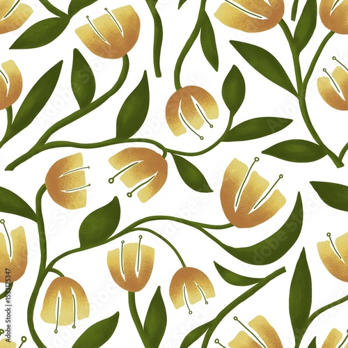  Seamless floral pattern with yellow tulips and green leaves on white background
