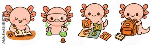 Cute cartoon axolotl going back to school, studying, doing science experiments, playing with alphabet puzzle, and packing backpack. Kawaii education theme for kids and students.