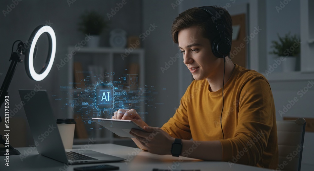 Young Man Learning AI and Technology with Tablet and Laptop at Night Young Man Learning AI and Technology with Tablet and Laptop at Night