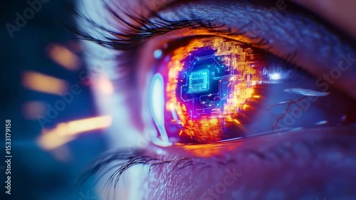 A close-up of a human eye reflecting a glowing microchip, symbolizing artificial intelligence, technology, and innovation. Video for AI, science, future, cybernetics, research, and digital concepts