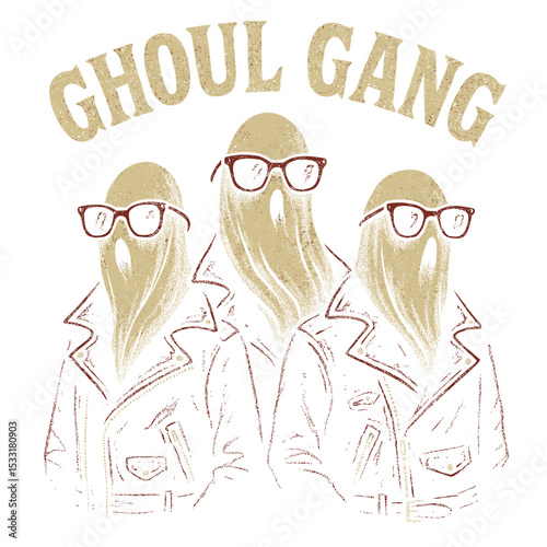 An eerie illustration with the text: "Ghoul Gang," showcases three spectral ghost figures in matching jackets and glasses, creating a haunting yet stylish vibe.