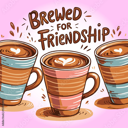 Brewed for Friendship Coffee Cups with Heart Latte Art Illustration