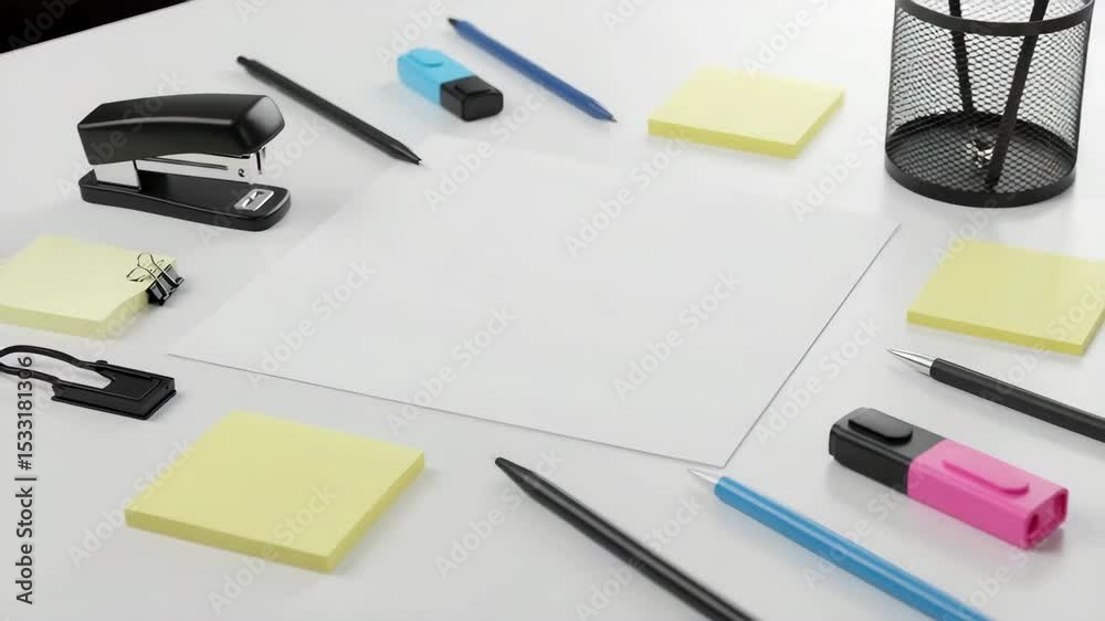 Blank paper surrounded by office supplies on white table.  Stationery items include stapler, pencils, sticky notes, and highlighters. Clean workspace ready for notes or video production. 