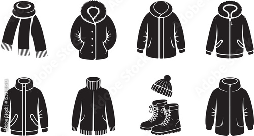 Winter apparel collection featuring coats hats scarves and boots isolated on white background