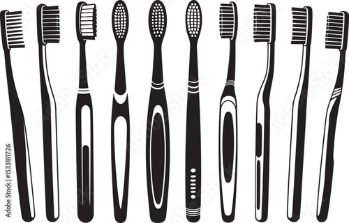 A collection of modern toothbrush designs displayed in a clean and minimalist black and white illustration