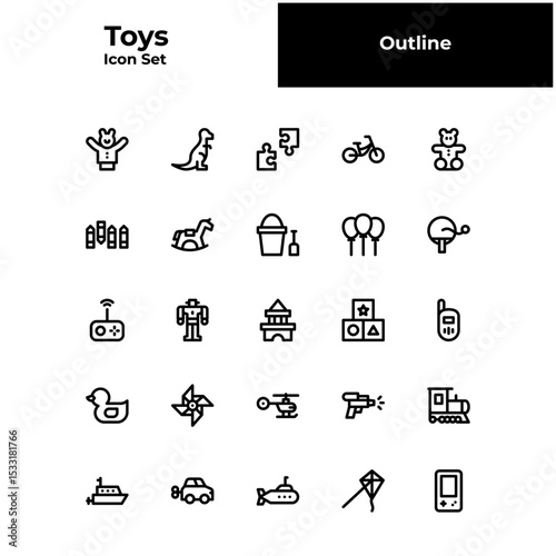 Toys outline icon set, Children toys black line icon set.