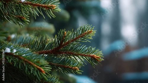 Close-up of a pine branch with green needles in a winter forest. Snowflakes are flying in the background in a blur. Video for nature, winter, botany, environment, holiday projects