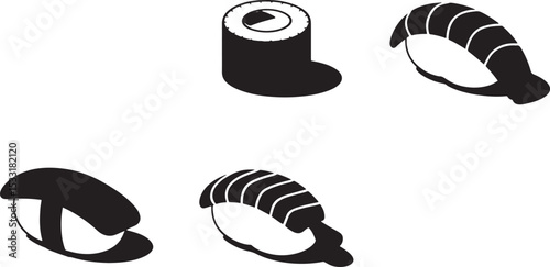 Black and white minimalist illustration of various sushi pieces on a white background