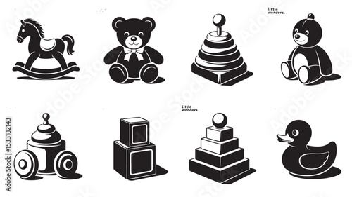 Black and white toy illustrations including rocking horse teddy bear stacking toys and more