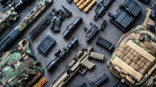 Assault rifle and accessories laid out