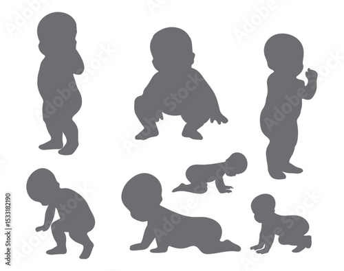 Crawling babies silhouettes vector black and white illustration. Infants in different positions from side view.