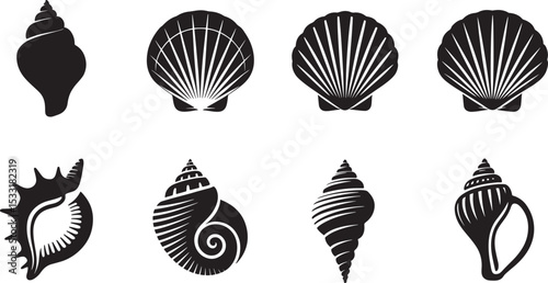 Collection of black and white stylized shellfish sea creatures on a white background