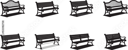 Collection of silhouette vector illustrations of various park bench designs on a white background