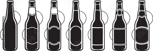Diverse collection of beer bottles outlines in a black and white vector illustration