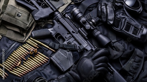 Military-style assault rifle and tactical gear