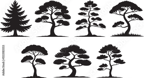 Elegant silhouette collection of various trees in black featuring evergreen and japanese inspired design