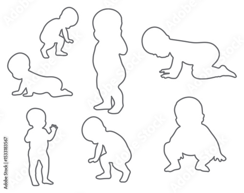Set of baby silhouettes standing, sitting, crawling, and lying down, vector illustration.