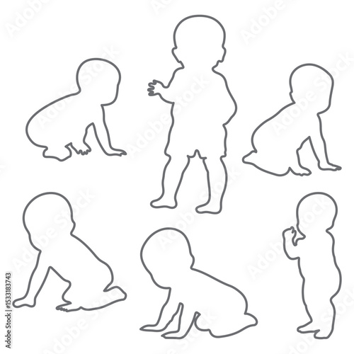Set of baby and toddler silhouette isolated on white background. Sitting, crawling and standing. Vector illustration