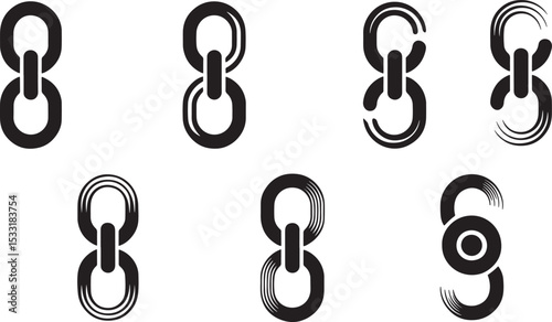 Set of black chain link illustrations displaying different artistic design styles