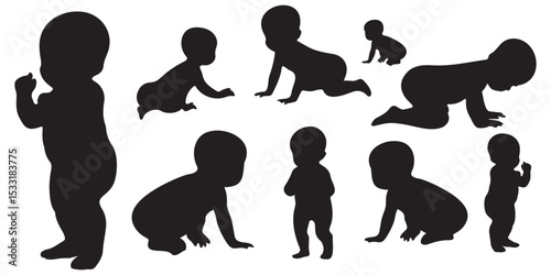 Set of baby and toddler silhouette isolated on white background. Sitting, crawling and standing. Vector illustration
