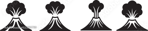 Set of four volcano icons in black and white depicting eruption and natural disaster