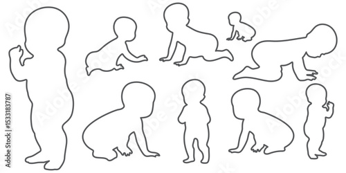 Set of baby and toddler silhouette isolated on white background. Sitting, crawling and standing. Vector illustration