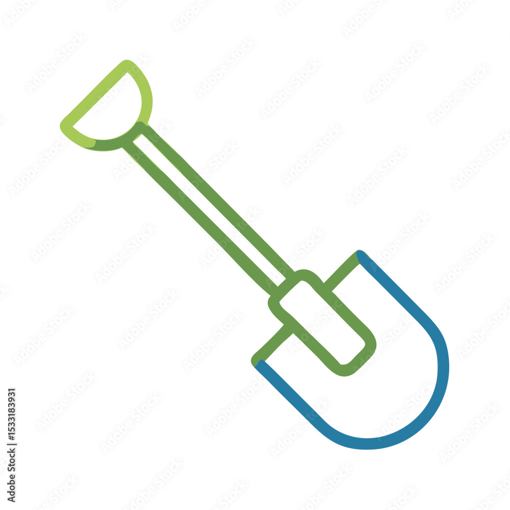 Simple outline of a green and blue gardening shovel tool  