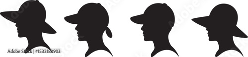 Silhouettes of people wearing different types of hats in various styles on white background