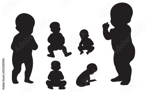 Diverse Baby Silhouette Set Showing Crawling Sitting And Standing On White Background Ideal For Design Projects