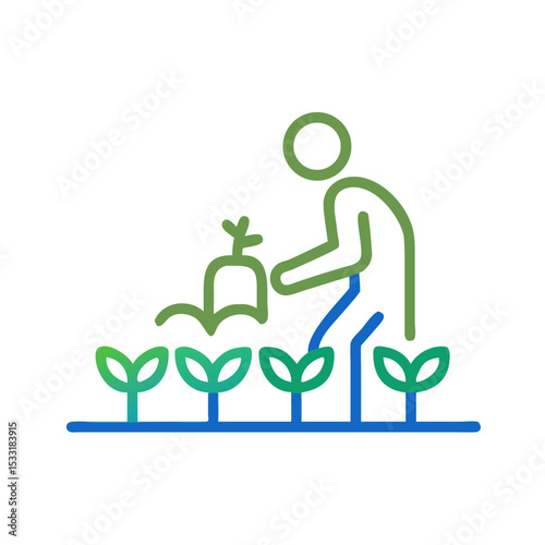Man planting seedlings in a garden bed under clear sky  