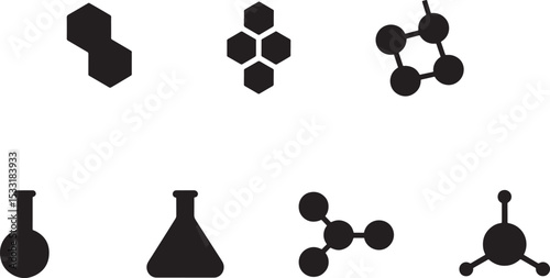 Simple black and white icons of science chemistry molecules and laboratory flasks