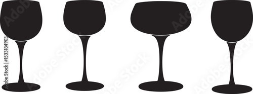 Vector illustration of four different styles of elegant wine glasses in black silhouettes
