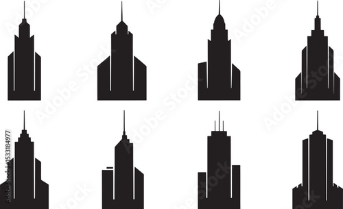 Vector illustration of modern city skyscrapers silhouette designs in black and white for various uses
