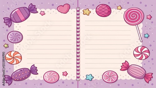 Cartoon candy and lollipop border, pink and purple.