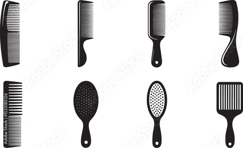 Vector illustration of various hair combs and brushes black and white silhouette