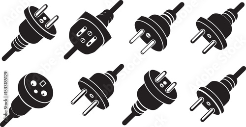 Vector illustration of various electrical plugs isolated on a white background grid